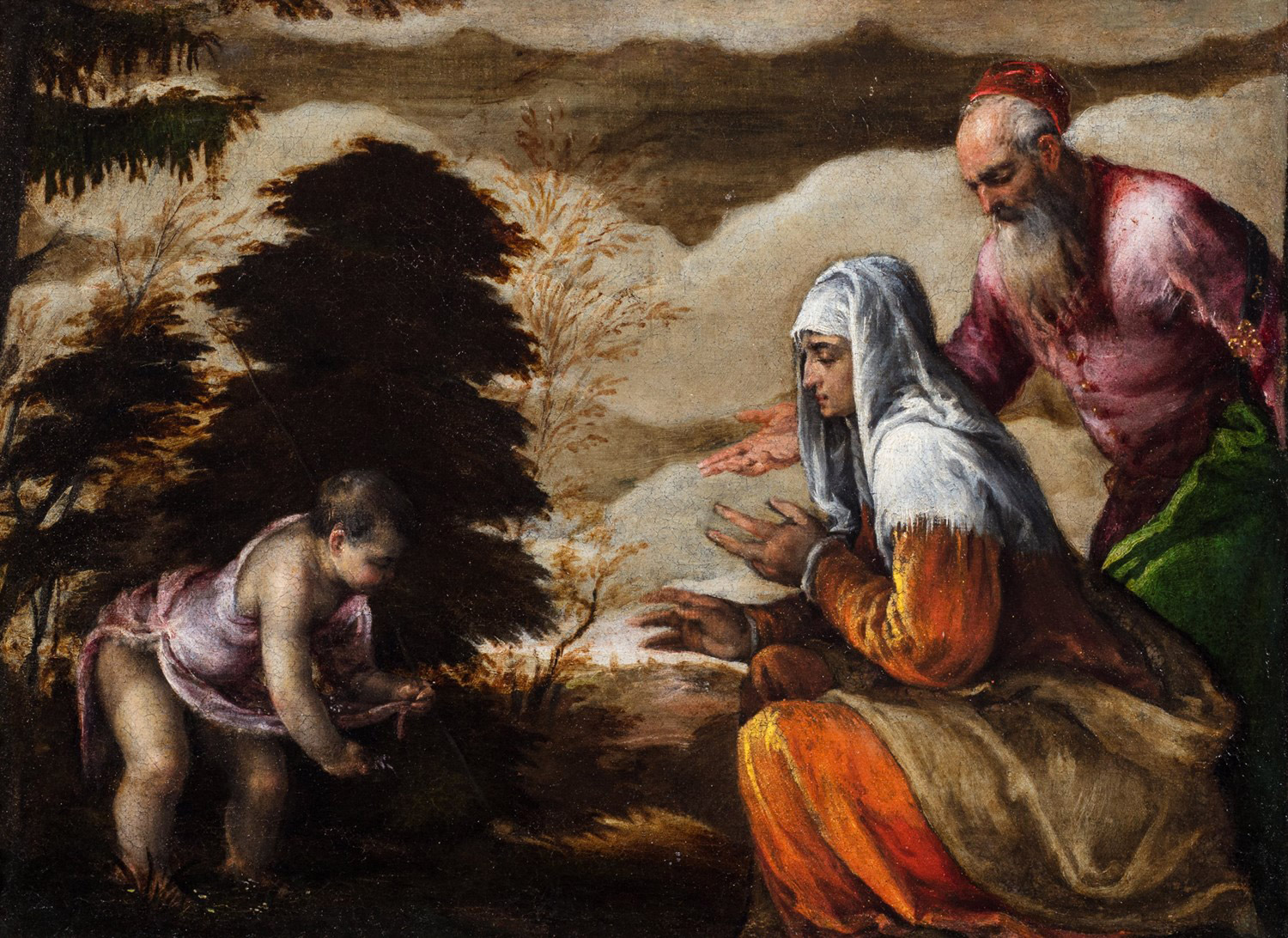 Lotto 320: JACOPO BASSANO (1515 - 1592) - "San Giovannino offre fiorellini alla madre Santa Elisabetta accompagnata da San Zaccaria"