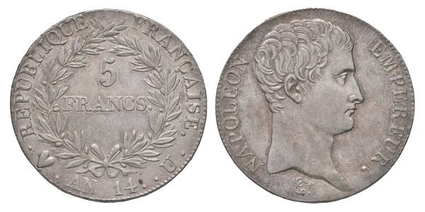 Lotto 115, Napoleone I (1804-1814) 5 franchi anno 14. Pagani 26. Montenegro 31. AG. Lievi segnetti. Rarissima e in conservazione eccezionale per questo tipo di moneta. Deliziosa patina. SPL - Venduto € 5.099