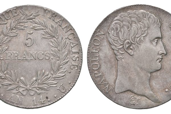 Lotto 115, Napoleone I (1804-1814) 5 franchi anno 14. Pagani 26. Montenegro 31. AG. Lievi segnetti. Rarissima e in conservazione eccezionale per questo tipo di moneta. Deliziosa patina. SPL - Venduto € 5.099