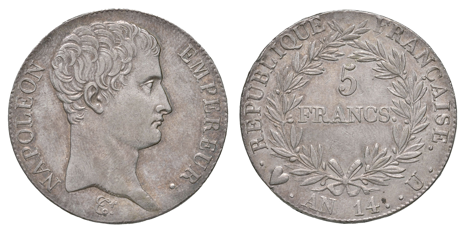 Lotto 115: Napoleone I (1804-1814). 5 franchi anno 14. Pagani 26. Montenegro 31. AG. Lievi segnetti. Rarissima e in conservazione eccezionale per questo tipo di moneta. Deliziosa patina. SPL / Stima € 2.500