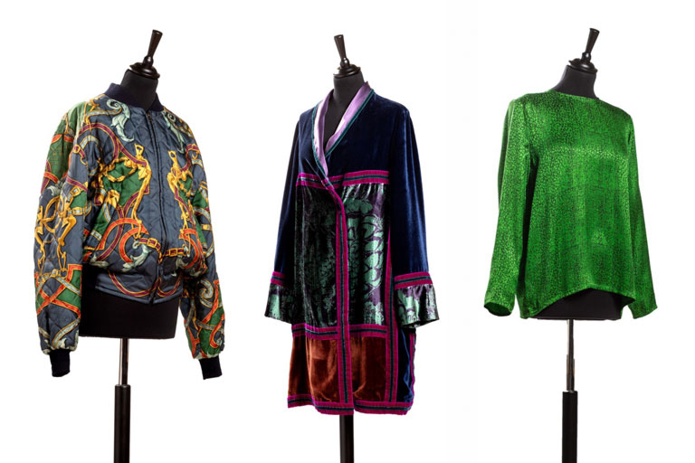 Da sinistra: Giubbotto Hermès del 1993 | Spolverino di Etro | Maglia di Yves Saint Laurent | Anteprima dei lotti in asta a maggio a Roma