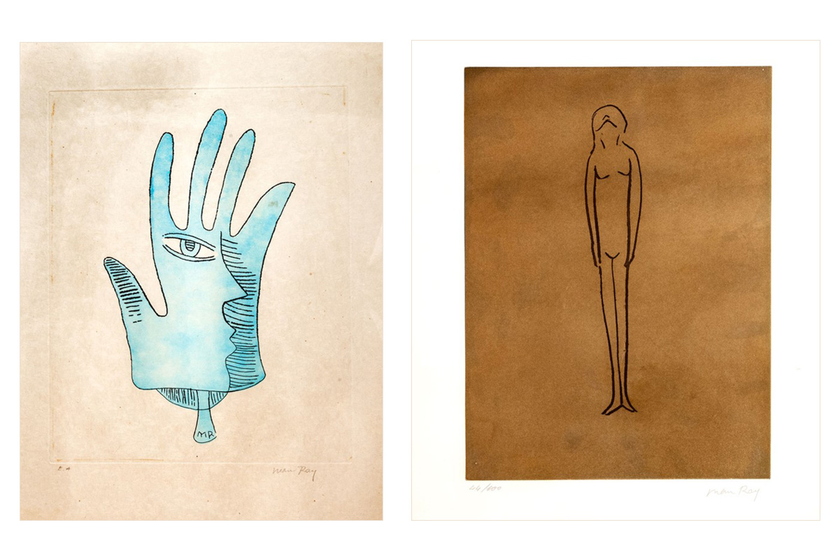 MAN RAY, <em>Main bleue</em>, 1971 - Stima € 500 - 700 (a sinistra) / <em>Anatoms</em>, 1970 Stima € 300 - 400