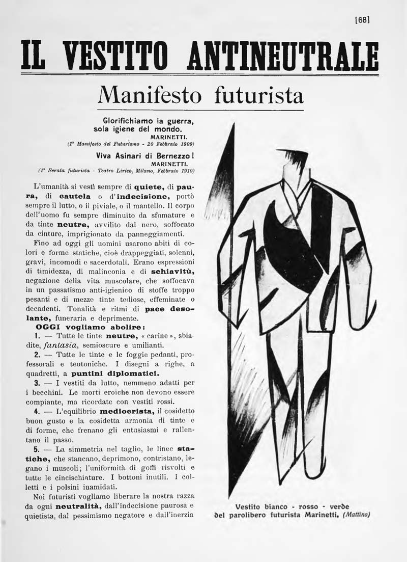 Prima pagina del "Manifesto del Vestito Antineutrale" di Giacomo Balla