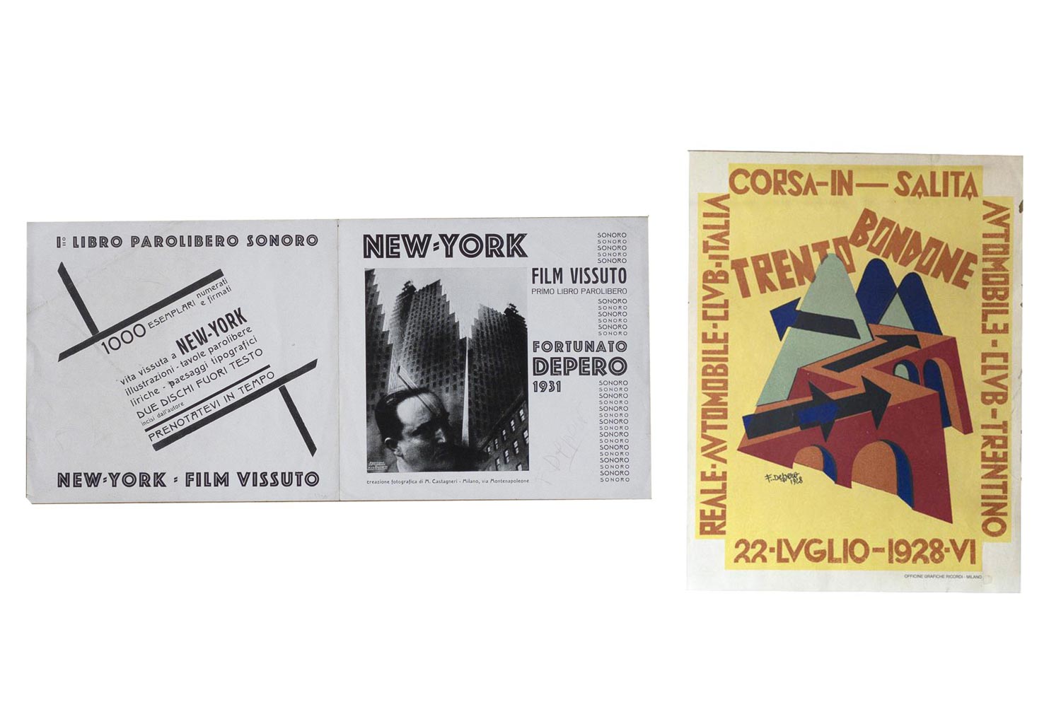 DEPERO - New-York. Film vissuto. Primo libro parolibero sonoro (Rovereto), edizione a cura dell’autore,... (a sinistra) / Corsa in salita - Trento Bondone - 22 luglio 1928s.l. (a destra)