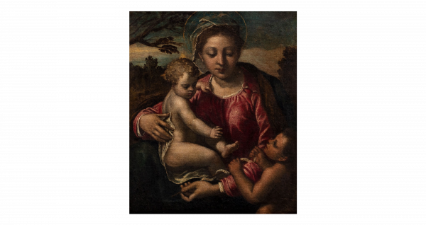 Lotto 42 - IPPOLITO SCARSELLA, DETTO LO SCARSELLINO (Ferrara 1550 - 1620), Madonna con Bambino e San Giovannino, olio su tela, senza cornice, cm 49,5 x 39 - STIMA € 8.000 - 12.000