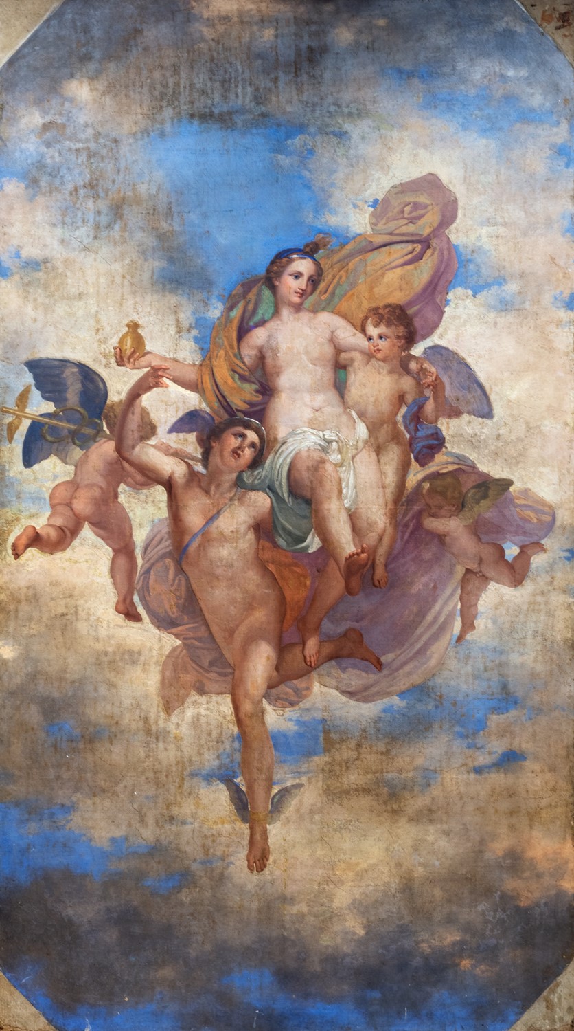 Francesco Coghetti "Mercurio trasporta in cielo Psiche", affresco riportato su tela, senza cornice cm 294,5 x 163